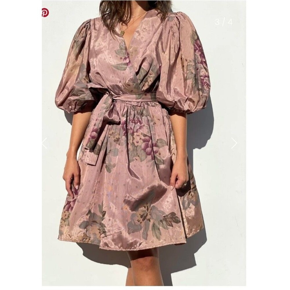 Vintage satin jacquard puff-sleeve faux-wrap dress sz 12 Floral Grapes